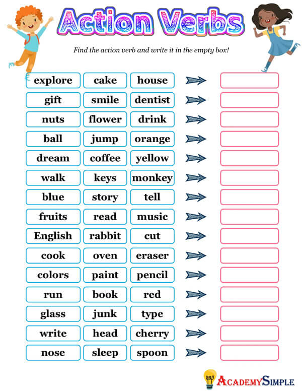 english-grammar-worksheets-action-verbs-academy-simple for Free Printable List Of Verbs English Grammar Worksheets- Action Verbs - Academy Simple for Free Printable List Of Verbs