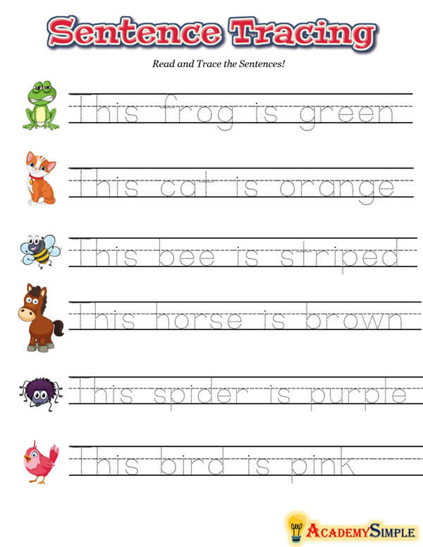 Kindergarten Sentence Tracing Worksheets