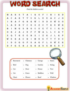 Word Search Activity- Parts of a House - Academy Simple