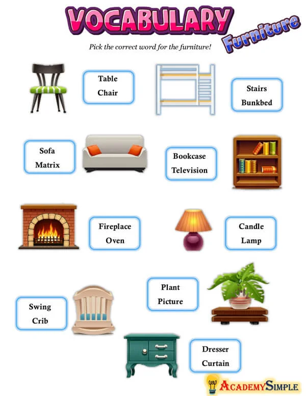 Vocabulary Worksheets Furniture Names