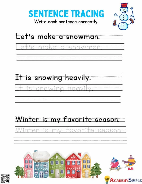 tracing-sentences-worksheets-sentence-writing-winter-academy-simple for Free Printable Sentence Writing Worksheets Tracing Sentences Worksheets, Sentence Writing – Winter - Academy Simple for Free Printable Sentence Writing Worksheets