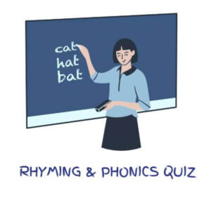Rhyming Quiz Cover, Teacher In Front of a Blackboard